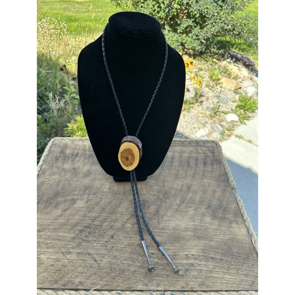 Vintage Natural Wood Slice Bolo Tie Live Edge Burl Rustic Western Boho